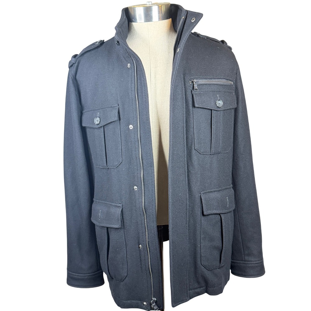 Military Field Jacket Express Mens Black Wool Blend Hidden Hood Size M